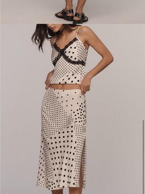 Anthropologie White satin polka dot midi slip skirt